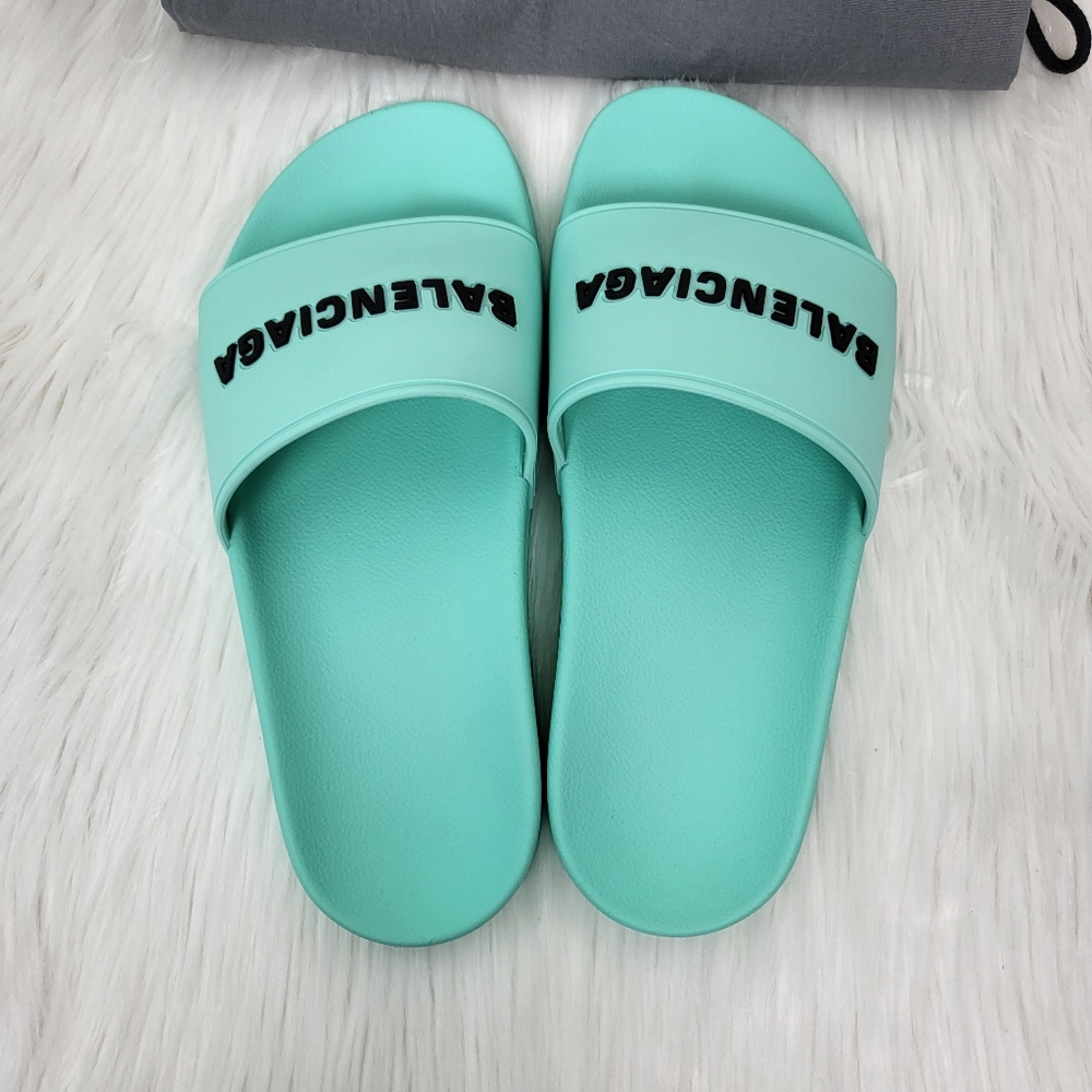 NIB BALENCIAGA Mint and Black Pool Slide Sandal Slippers Size 37 - Picture 5 of 8